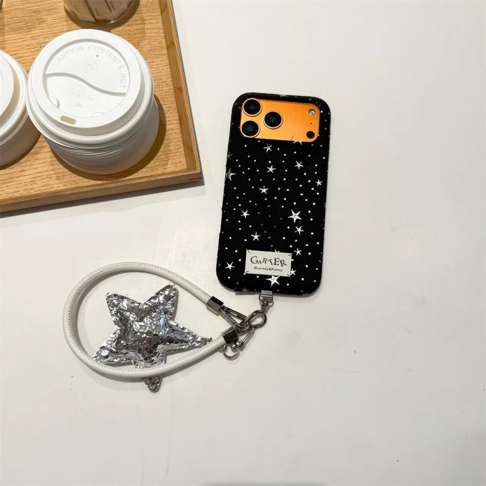 シルバースターチャーム ラメ感レザー調 ストラップ付き iPhoneケース｜きらめき #260010