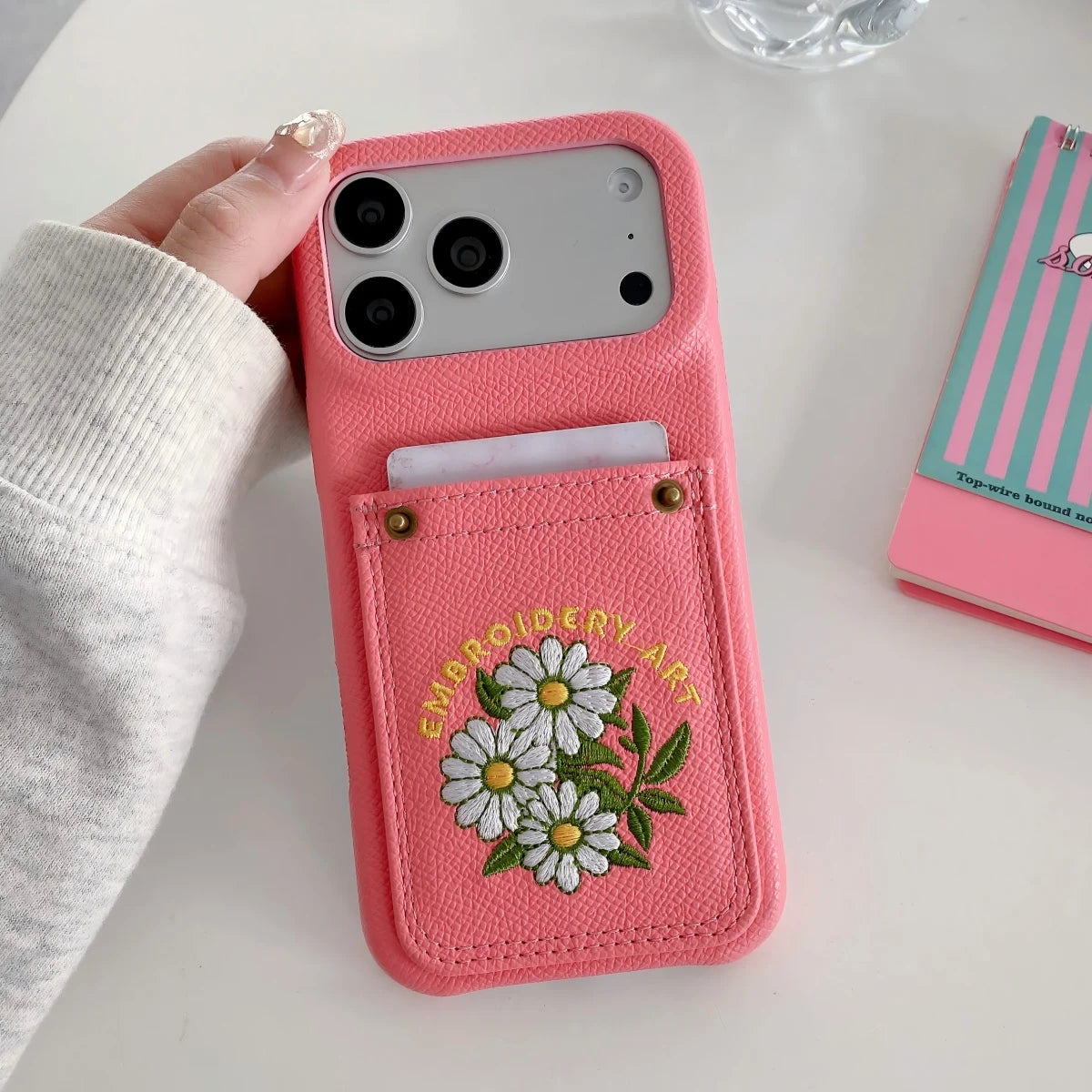 フラワー刺繍 ポケット付き レザー調 iPhoneケース #260613