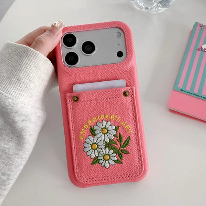 フラワー刺繍 ポケット付き レザー調 iPhoneケース #260613