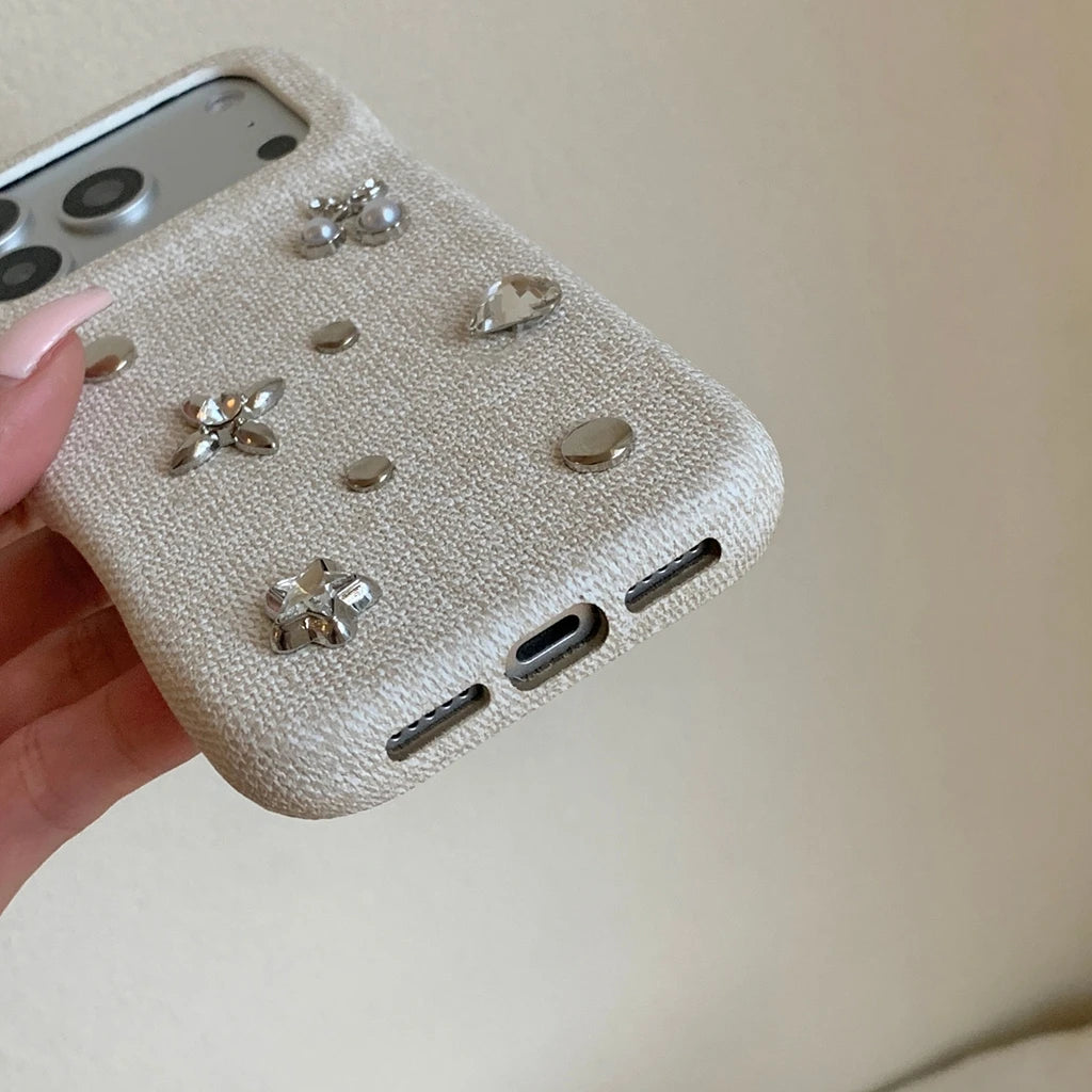 フラワー チェリーモチーフ iPhoneケース｜ビジュー装飾・布調デザイン #240530