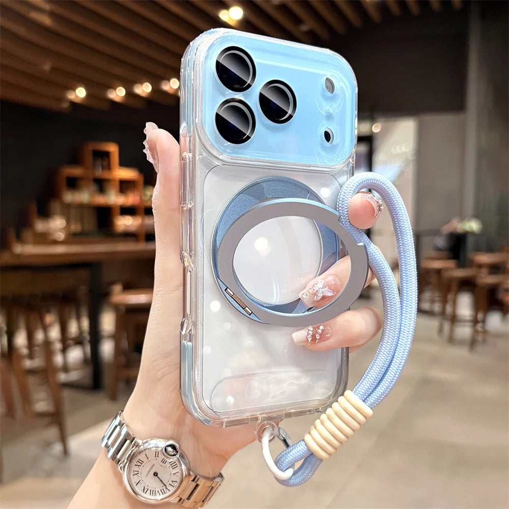 【折りたたみリングスタンド付き】クリア × カラーバンパー ストラップ付き スマホケース｜iPhone対応 #241218