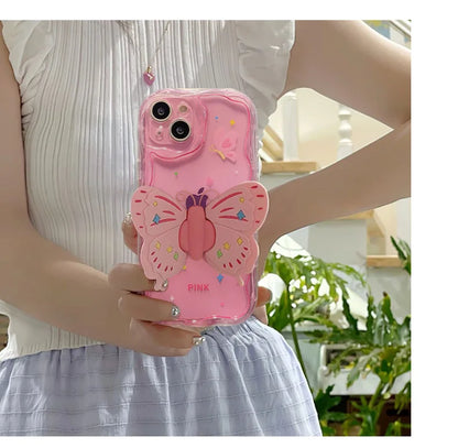 【3Dシリーズ】立体バタフライ＆キラキラデコレーション かわいいピンクスマホケース｜iPhone対応 #251021