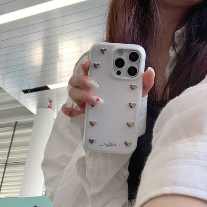 【ハートスタッズシリーズ】シルバーハート レザー デニム調 デザインスマホケース｜iPhone対応 #251217