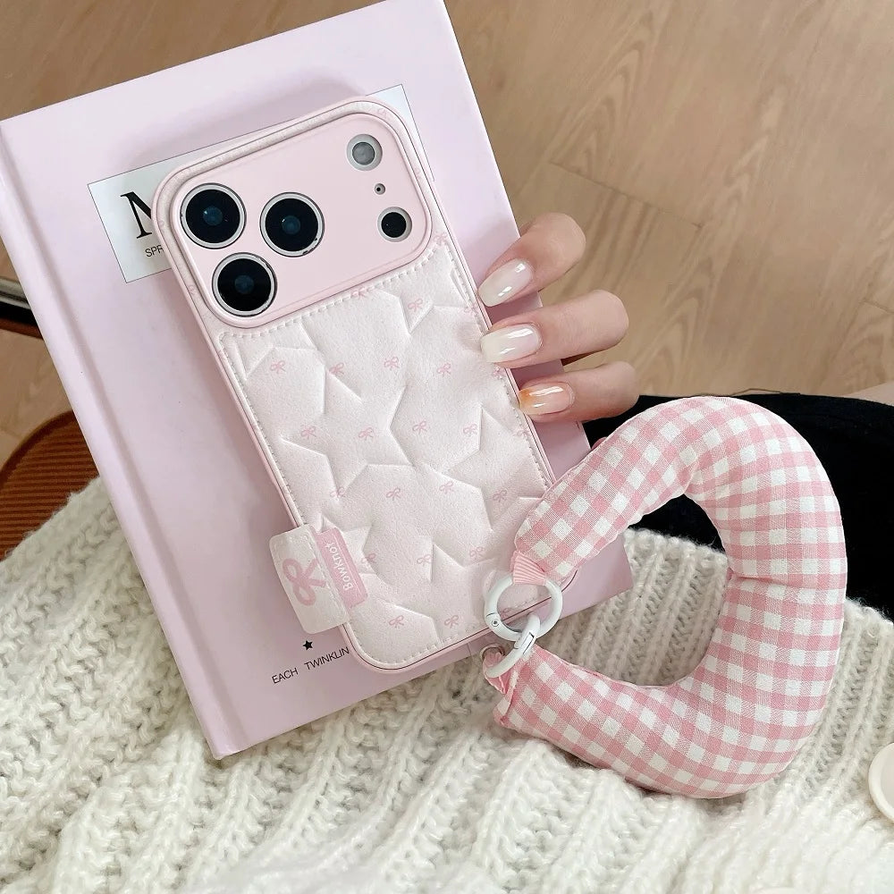 【もこもこスターキルティング】 ふわふわ チェッククッション ハンドル ストラップケース｜iPhone対応 #240913