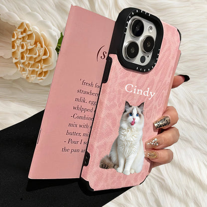 【カスタムNAMEシリーズ】ペット写真 × カスタム ネーム 印字 ピンクレオパード スマホケース｜iPhone対応 #241006