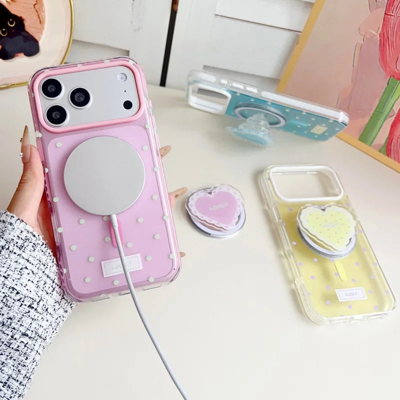 ハートグリップ ビーズストラップ付き ドット柄 韓国風 iPhoneケース #240509