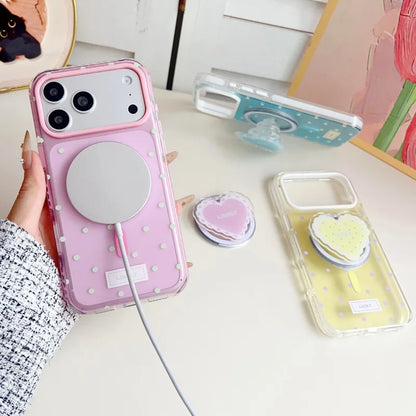 ハートグリップ ビーズストラップ付き ドット柄 韓国風 iPhoneケース #240509