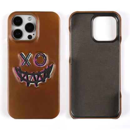 【本革シリーズ】艶あり スムースレザー スマイル ステッチケース｜iPhone対応 #240831