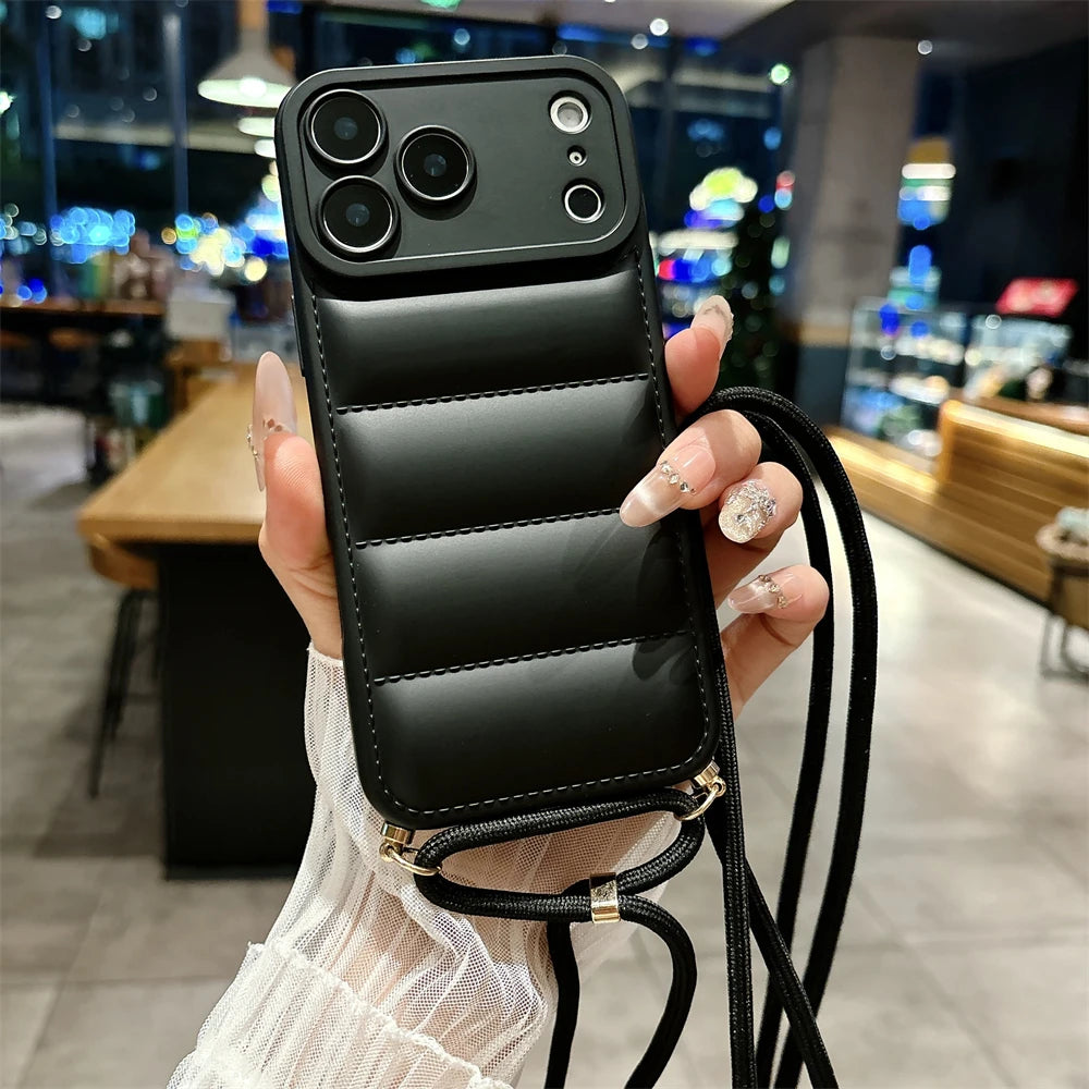 ダウンジャケット風 ソフト iPhoneケース｜ストラップ付き・カラーバリエーション豊富 #240601