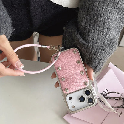 【ローズスタッズ】シルバーフレーム ピンク レザー風 ストラップ付き ケース｜iPhone対応 #240924