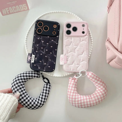 【もこもこスターキルティング】 ふわふわ チェッククッション ハンドル ストラップケース｜iPhone対応 #240913
