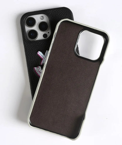 【本革シリーズ】艶なし シボ革 スマイル ステッチ レザーケース｜iPhone対応 #240901