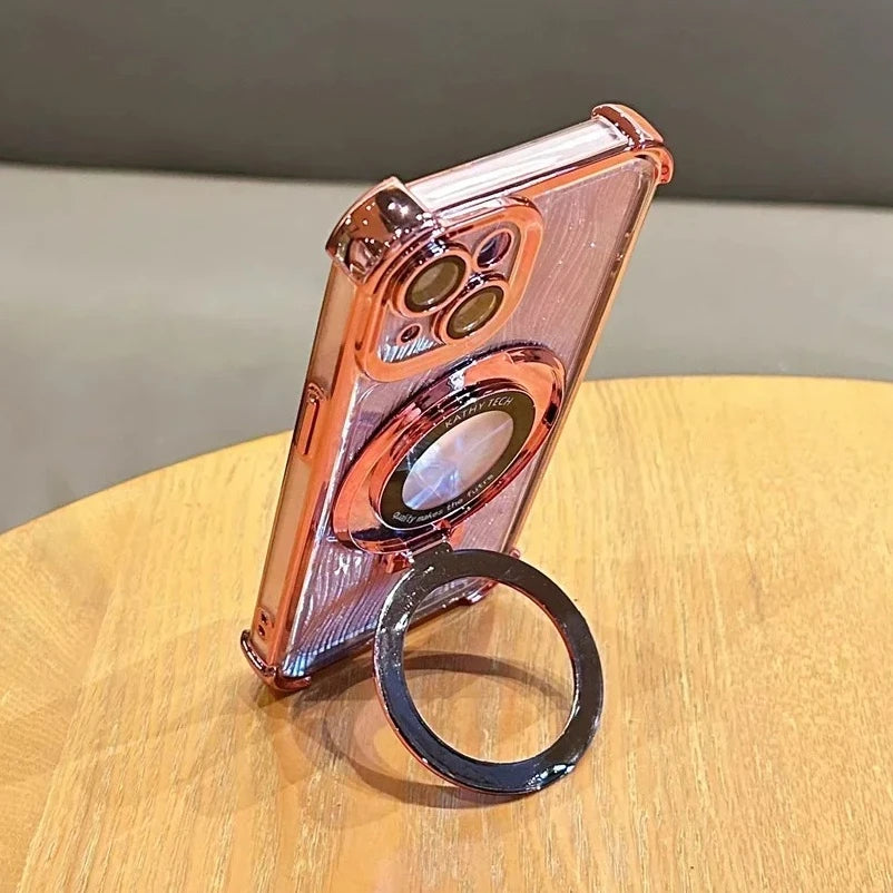 【Magsafe対応】高級感 ゴールド×ラメ リング付き iPhoneケース｜耐衝撃・スタンド機能・キラキラデザイン｜iPhone対応 #250407