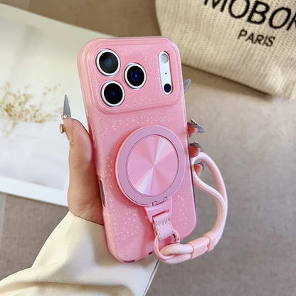 ラメグリッター×ストラップ付き Magnet内蔵 リングスタンド iPhoneケース #231115