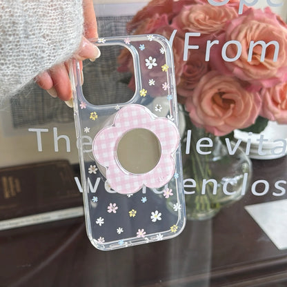 お花型ミラーグリップ デイジー柄 クリア Magnet内蔵 iPhoneケース｜淡色・大人かわいい #260025