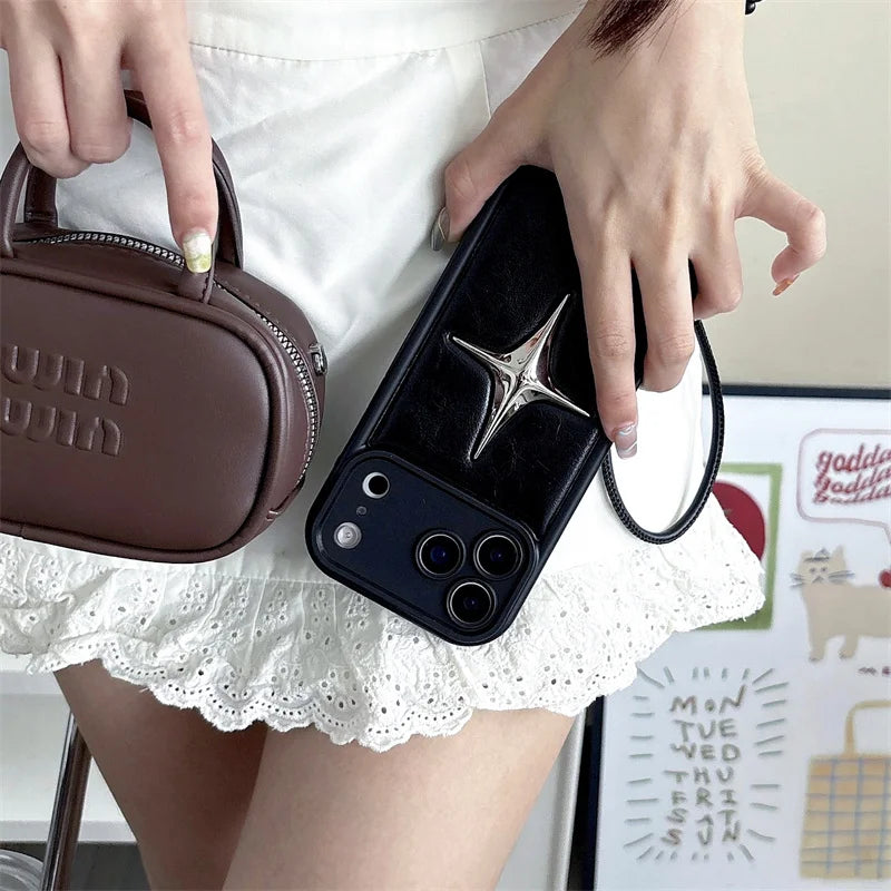 ダイヤスター メタル レザー調 iPhoneケース｜立体パーツ・ブラック・韓国モード #230725