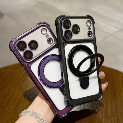リングスタンド付き メッキフレーム バンパー Magnet内蔵 クリア iPhoneケース｜上品・シンプル #260061
