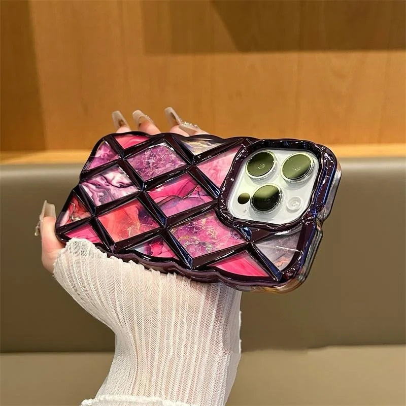 【ジェムカットアート】立体ジオメトリック × マーブルパネルデザイン スマホケース｜iPhone対応 #250603