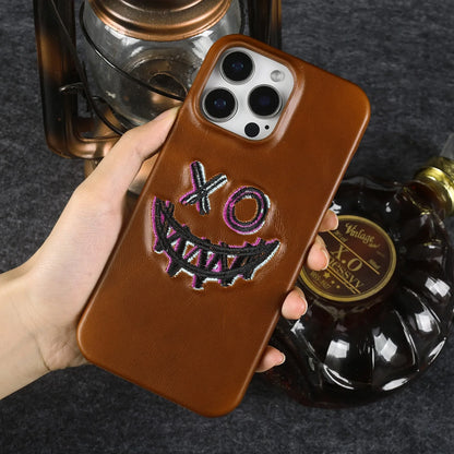 【本革シリーズ】艶あり スムースレザー スマイル ステッチケース｜iPhone対応 #240831