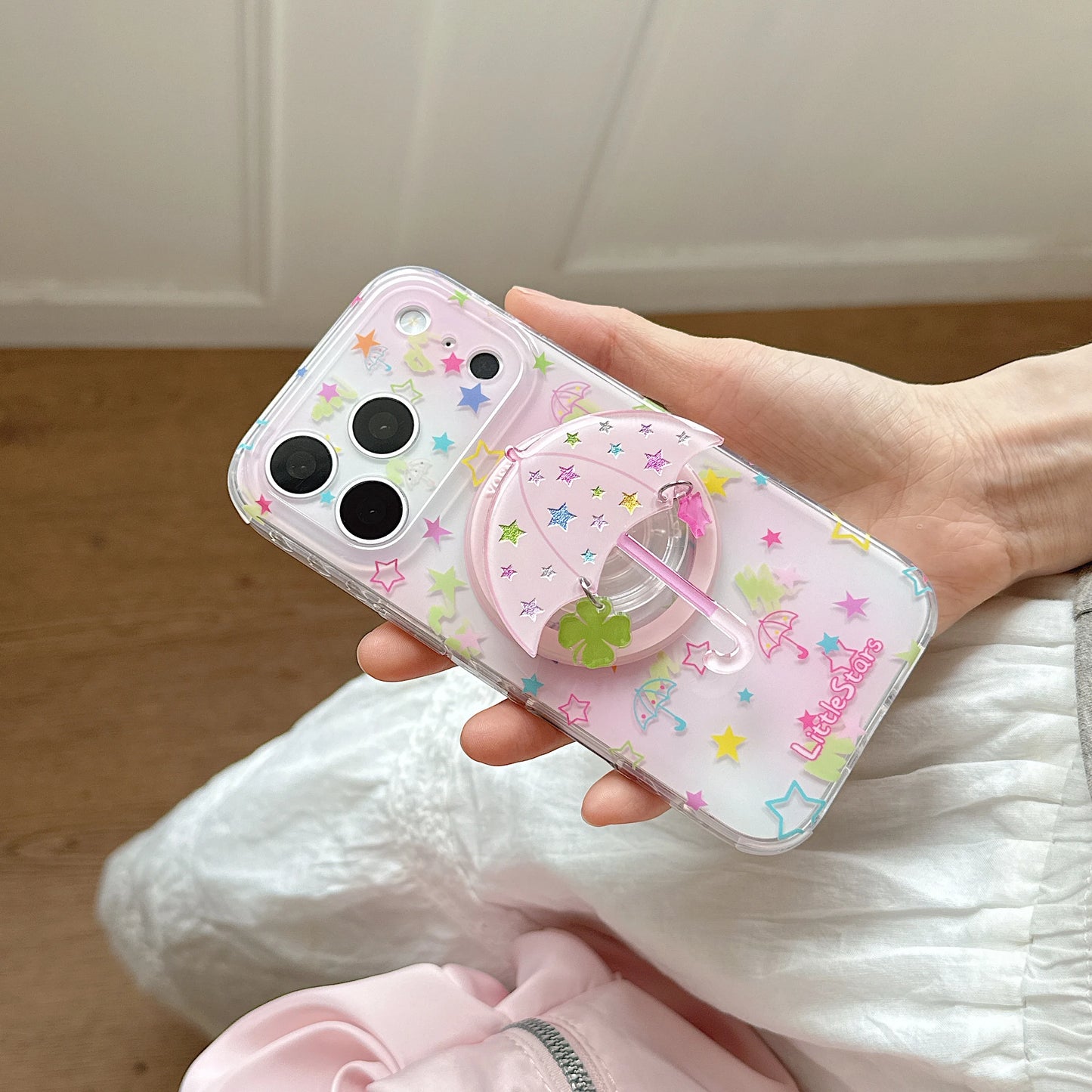 キラキラアンブレラ スマホグリップ付きクリアケース｜星柄 パステル iPhoneケース #260070