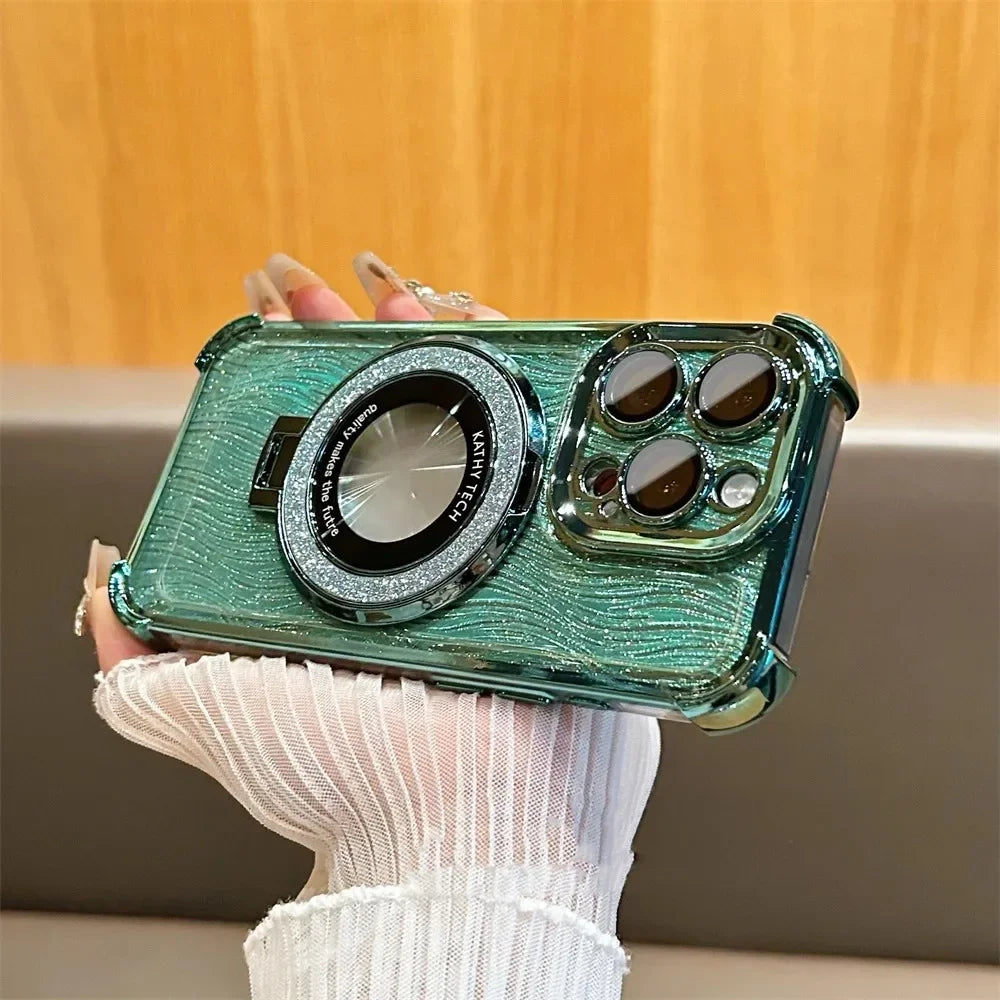 【Magsafe対応】高級感 ゴールド×ラメ リング付き iPhoneケース｜耐衝撃・スタンド機能・キラキラデザイン｜iPhone対応 #250407