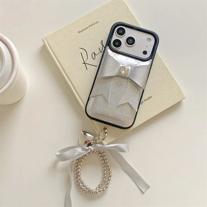 【シルバー立体リボン】ボールストラップ付き フェミニン スマホケース｜iPhone対応 #260206