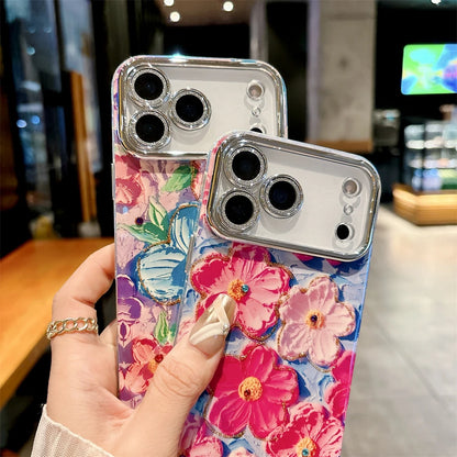 【フラワーアートシリーズ】カラフルハンドペイント風 キラキラレンズ保護 花柄 スマホケース｜iPhone対応 #251208
