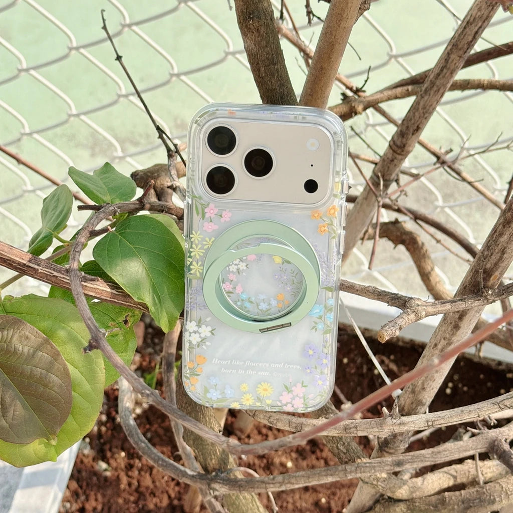 フラワークリア× 360 ° 回転 折りたたみリング ナチュラルデザイン Magnet対応 iPhoneケース #231113