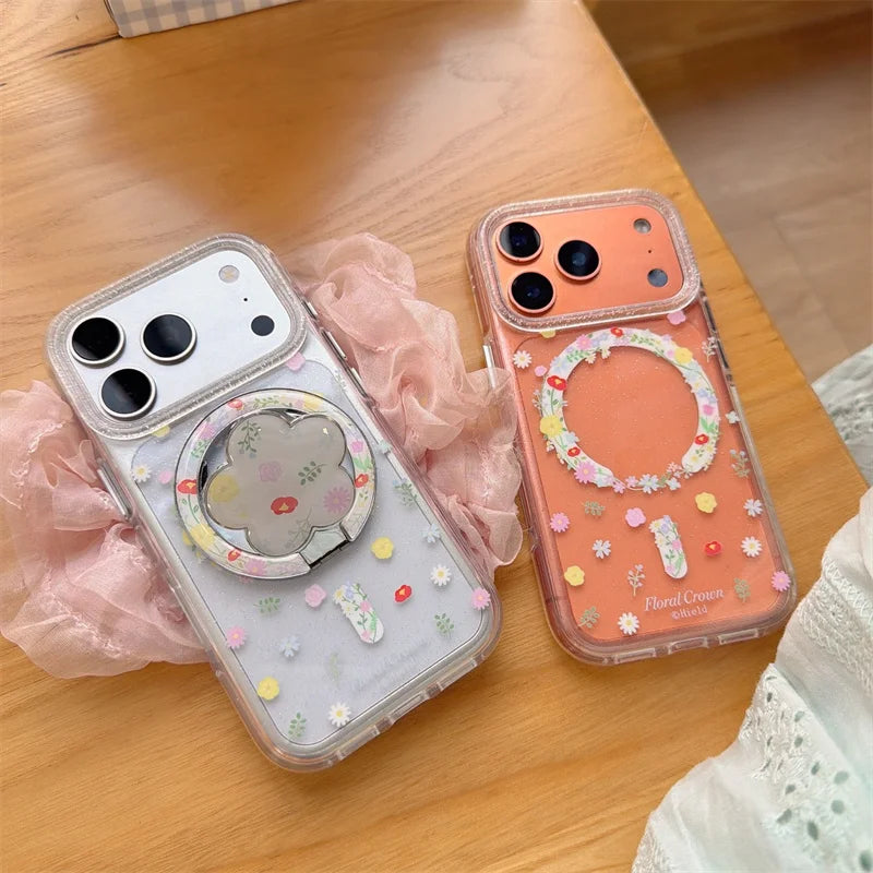 【カラフル】フラワーiPhoneケース Magnetスタンド クリア ｜ナチュラル・韓国風 #231025