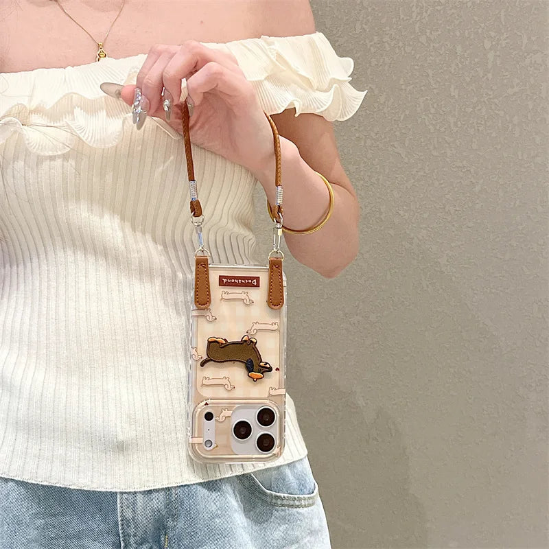 【ミニチュアダックス】刺繍ワッペン × クリアギンガムチェック レザー風 ストラップ付き スマホケース｜iPhone対応  #241221