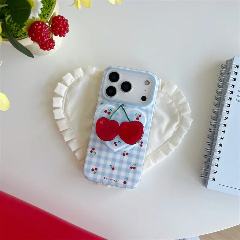 チェリー チェック柄 水色 キュートなさくらんぼ iPhoneケース｜淡色・ガーリー #260075