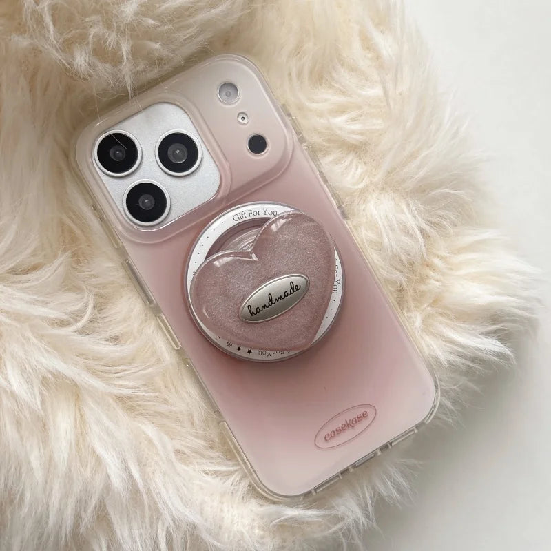 ぷっくりハートグリップ付き ふんわりチーク 滲み グラデデザイン iPhoneケース #240510