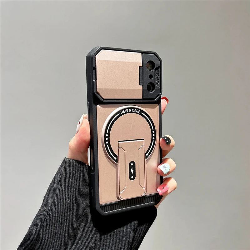 カメラカバー付き スタンド Magnet対応 iPhoneケース｜スライドレンズ保護 耐衝撃デザイン #240112