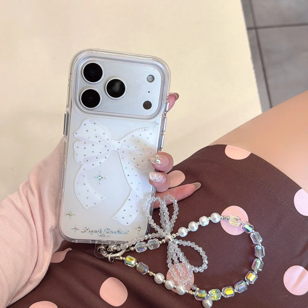 ビジュー ラメリボン ビーズストラップ付き クリア iPhoneケース #260602
