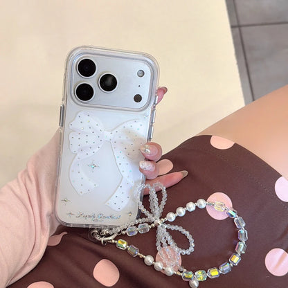 ビジュー ラメリボン ビーズストラップ付き クリア iPhoneケース #260602