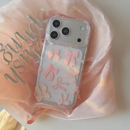 【リボンモチーフ】 クリア iPhoneケース 水玉模様 蝶結び付き ソフトシェル｜パールストラップ・淡色デザイン #230907