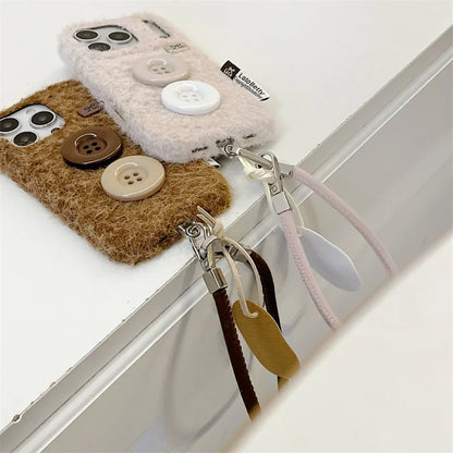 【もこもこファーボタン】 ストラップ付き ニット スマホケース｜iPhone対応 #250202