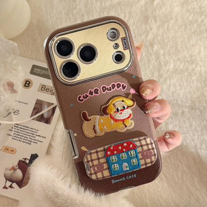 【HAPPYアニマルシリーズ】ヘッドホン わんこ ネコ 刺繍 × ふんわりガーリー ソフトレザー調ケース｜iPhone対応 #240826