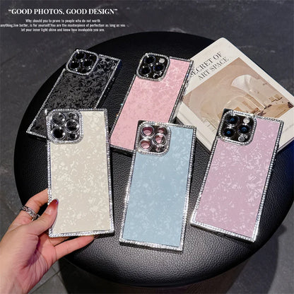 【スクエアシリーズ】大理石風 シェルパール キラキラビジュー スマホケース｜iPhone対応 #250817