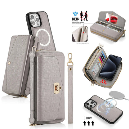 【ウォレットスタイル】財布一体型 分離式レザー調 ブックスタイル 手帳型 iPhoneケース｜ラウンドファスナー・ショルダー対応 #240204