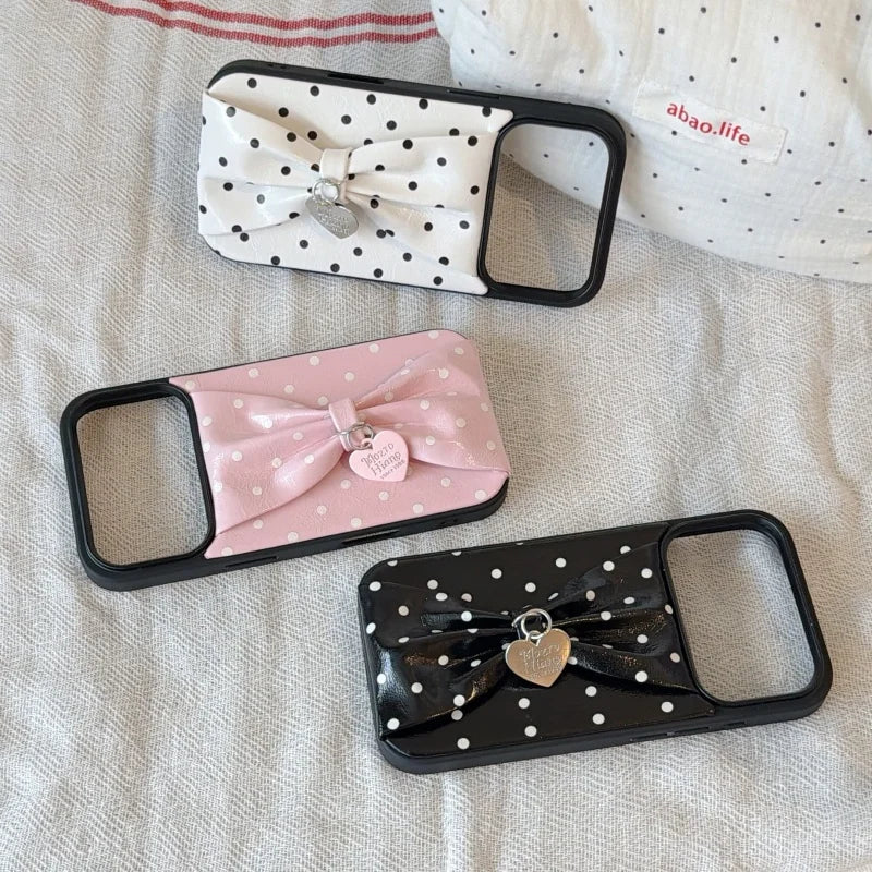 【立体リボン】 ハートチャーム付き ソフトレザー調 ドット柄 水玉 iPhoneケース #260209