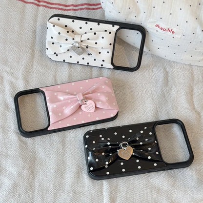 【立体リボン】 ハートチャーム付き ソフトレザー調 ドット柄 水玉 iPhoneケース #260209