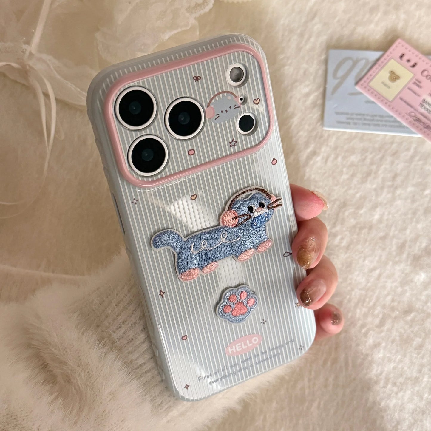 【アニマルシリーズ】 ねこ Cat 刺繍 ストライプケース｜iPhone対応 #240915