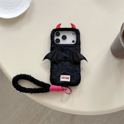 【デビルバットファー】あくまツノ付き×コウモリウィング もこもこスマホケース｜iPhone対応 🦇✨ #250111