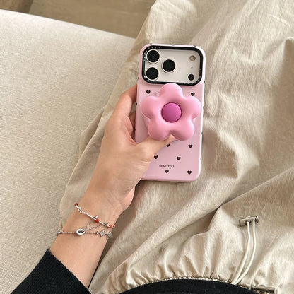 【フラワーハートグリップ】ハートドット×立体フラワーグリップ スマホケース｜iPhone対応 #250330