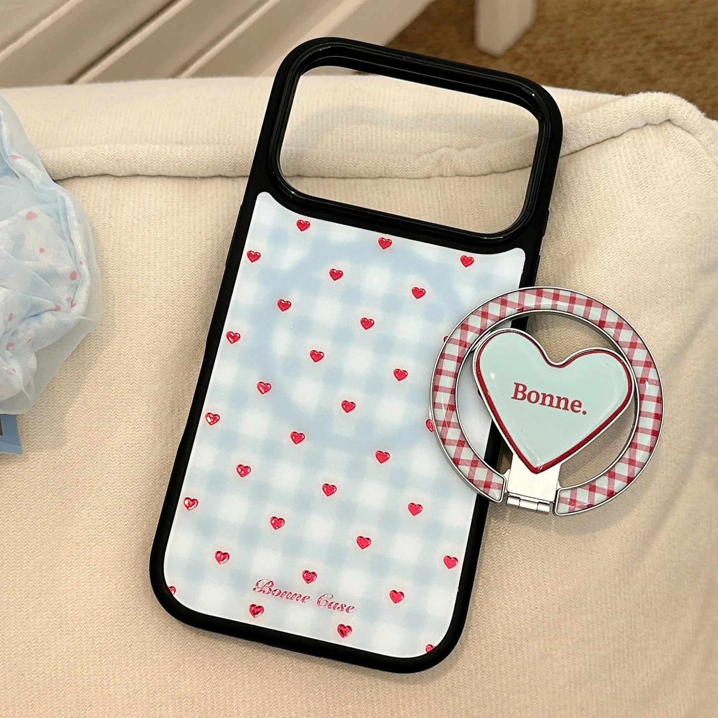【マグネット式折りたたみハートスタンド付き】ブルーギンガムチェック柄 ハートリング付きスマホケース｜iPhone対応 #240703