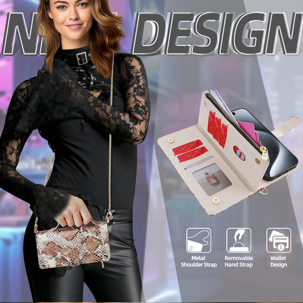 【ブックスタイル】パイソン調 レザー型押し 手帳型 iPhoneケース｜財布一体型・チェーンストラップ付き #240129