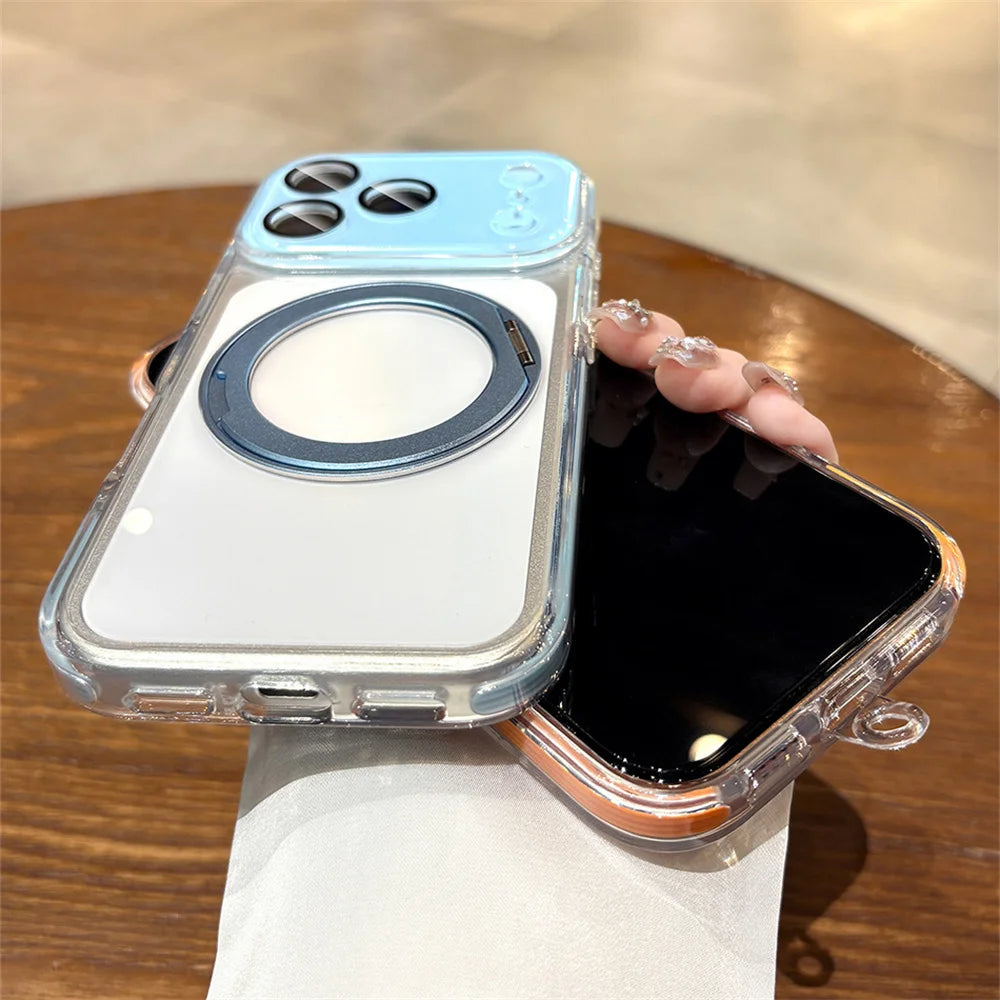 【折りたたみリングスタンド付き】クリア × カラーバンパー ストラップ付き スマホケース｜iPhone対応 #241218