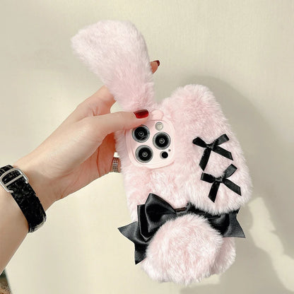 【ふわもこラビットリボン】うさ耳×ブラックリボン ファースマホケース｜iPhone対応 #250203