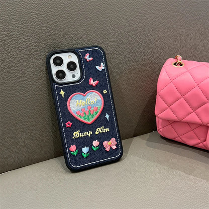 【デニム刺繍デザインスマホケース】ハート&バタフライ｜iPhone対応 #250811
